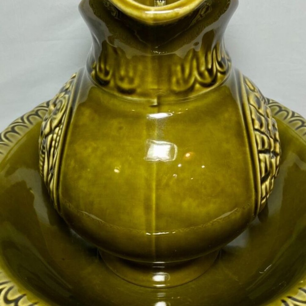 MCM McCoy Pottery #7516 Green Turkey Pitcher w/Bowl Set Embossed 1968 Vintage - Picture 8 of 12